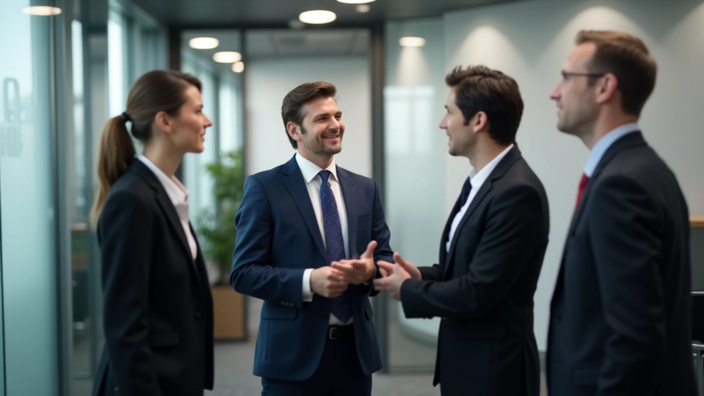 Network of professional connections represented by people in business setting having meaningful conversations