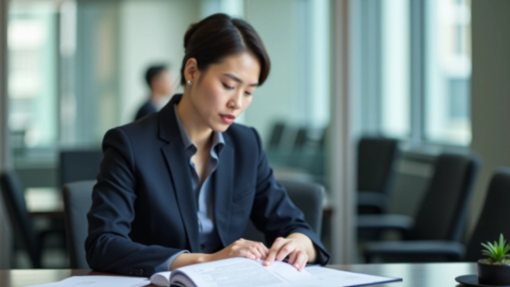 Professional person in business attire reviewing documents at modern Hong Kong office desk, thoughtfully planning career transition
